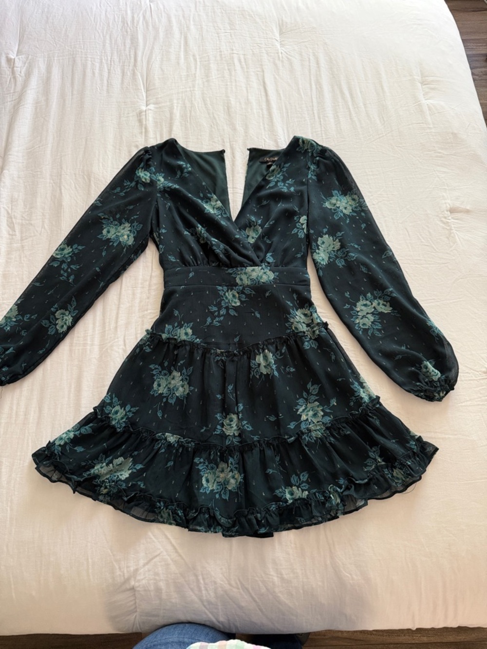 City Studio Dark Green Floral Long-Sleeve Ruffle Mini Dress